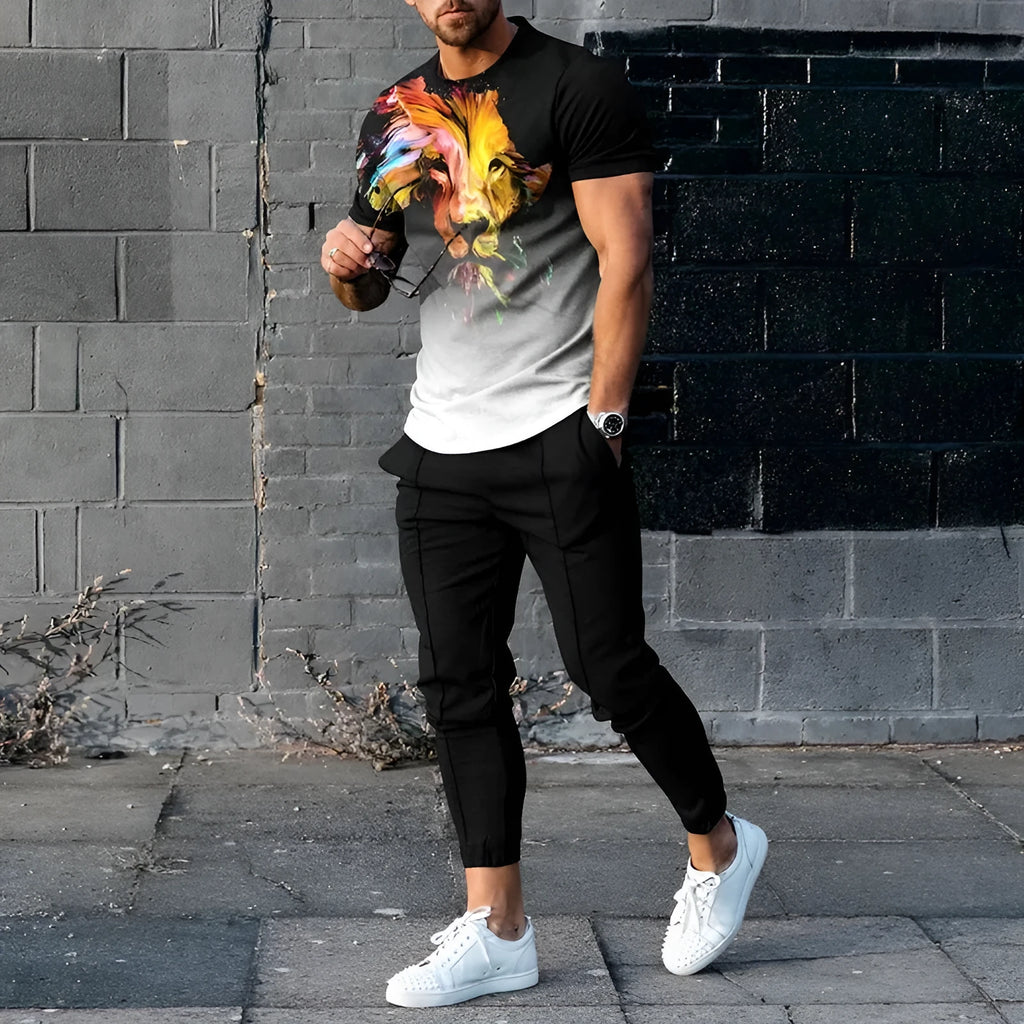 Men's short-sleeve polyester suit set showing T-shirt and trousers in printed colours