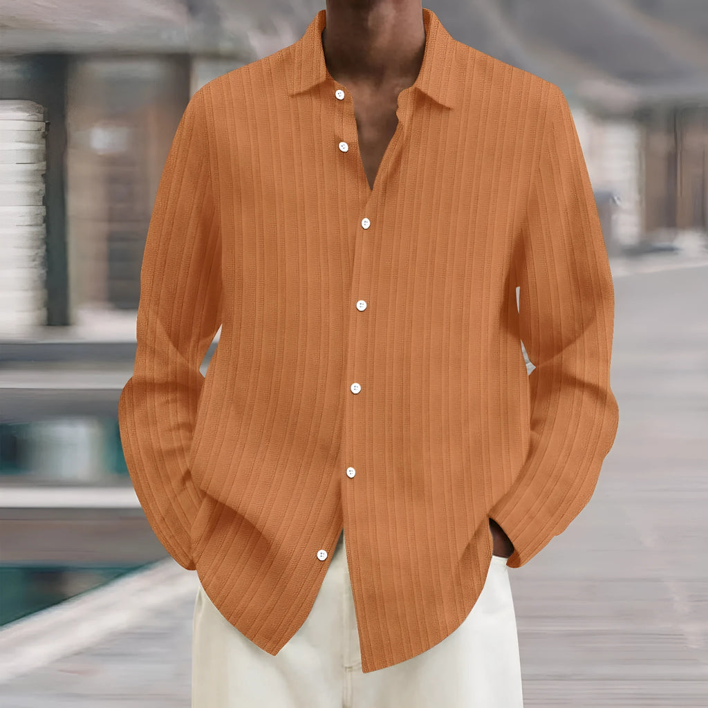 Men's striped British style cardigan shirt with 3D pattern and long sleeves