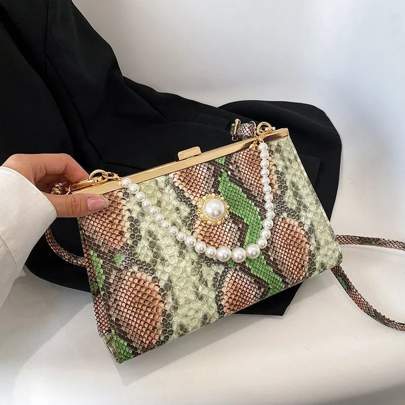New vintage snake-pattern pearl-chain evening bag in khaki with hard rectangular shape and single strap