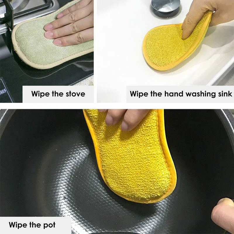 Double-sided blue kitchen cleaning sponge with microfiber texture for scrubbing pots and pans