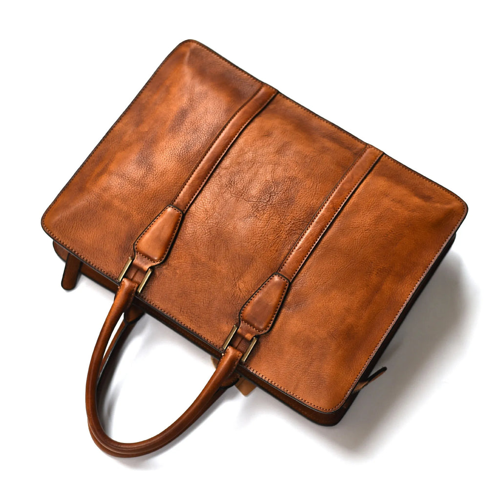 Men's 14 inch horizontal leather handbag in khaki colour with zipper opening
