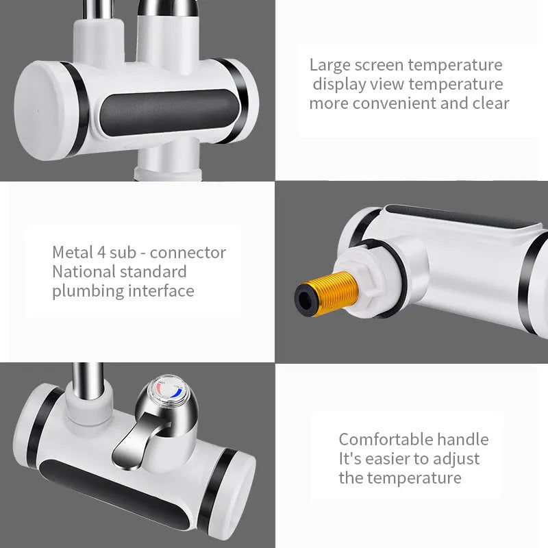 White electric instant water heater tap with digital temperature display for kitchen sink.