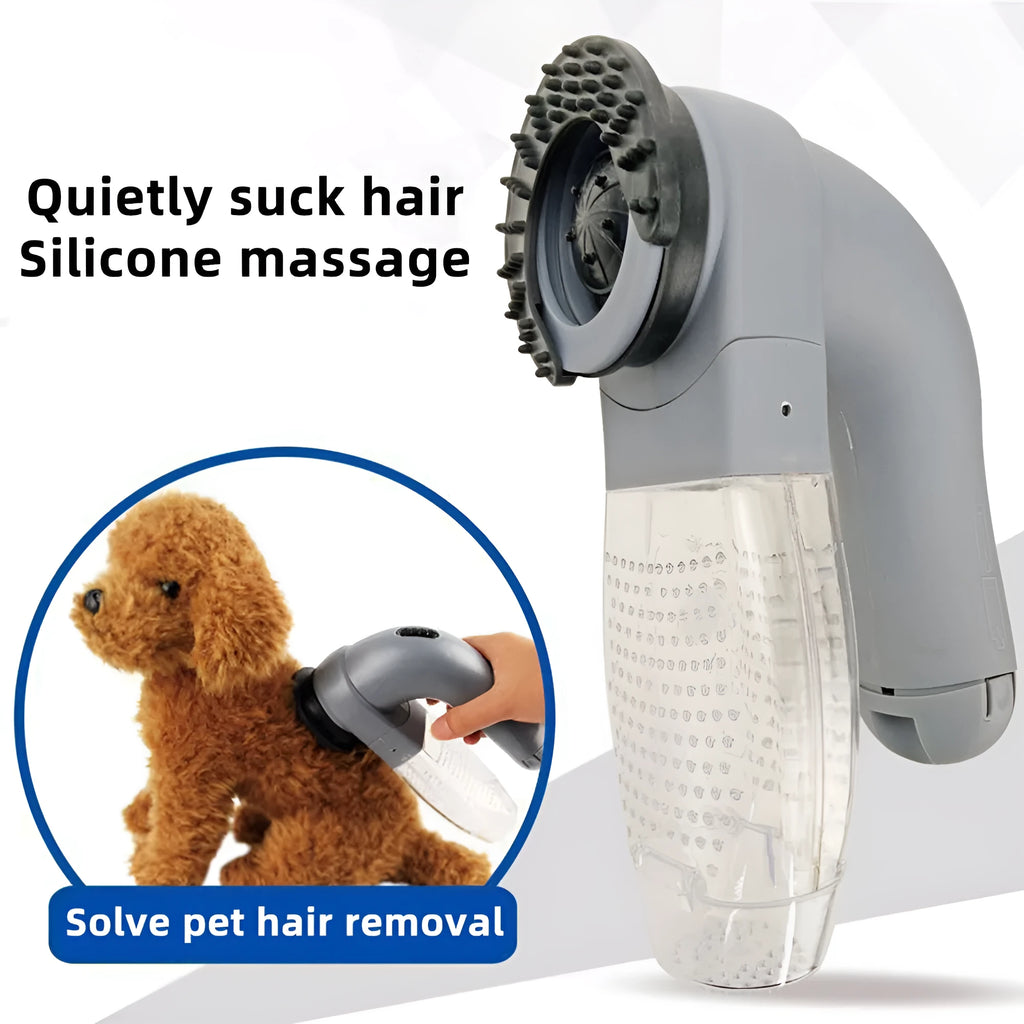 Grey portable pet hair removal vacuum with soft rubber head and large collection canister