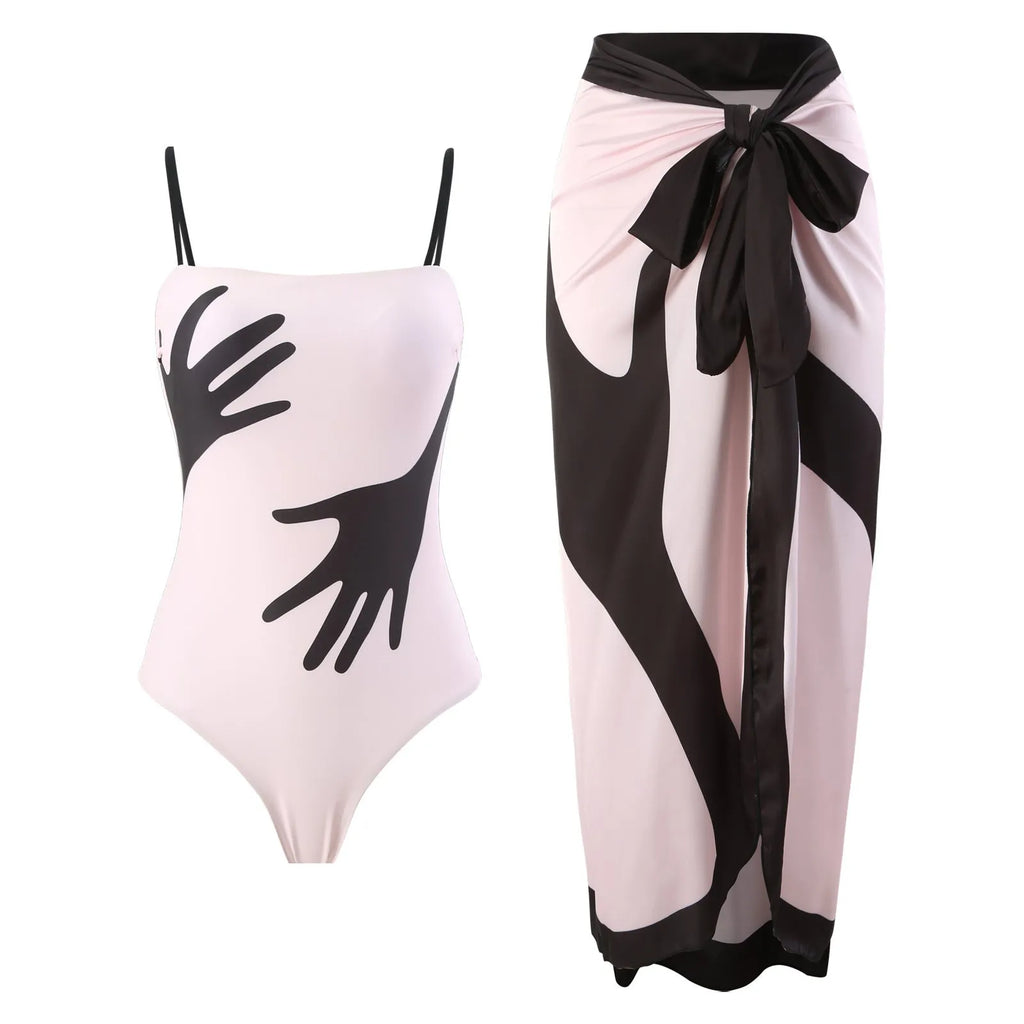 Women's floral one-piece bikini swimsuit with attached sheer tulle skirt