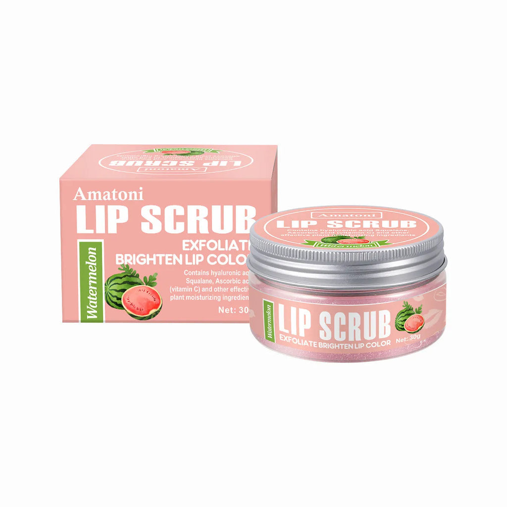Amatoni fruit flavour lip scrub cream in 30g tube with coconut raspberry vanilla watermelon options
