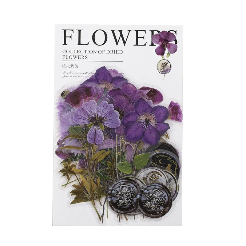 Dried flowers journal decoration stickers in eight colour themes including Dark Night Purple and leaf specimen designs