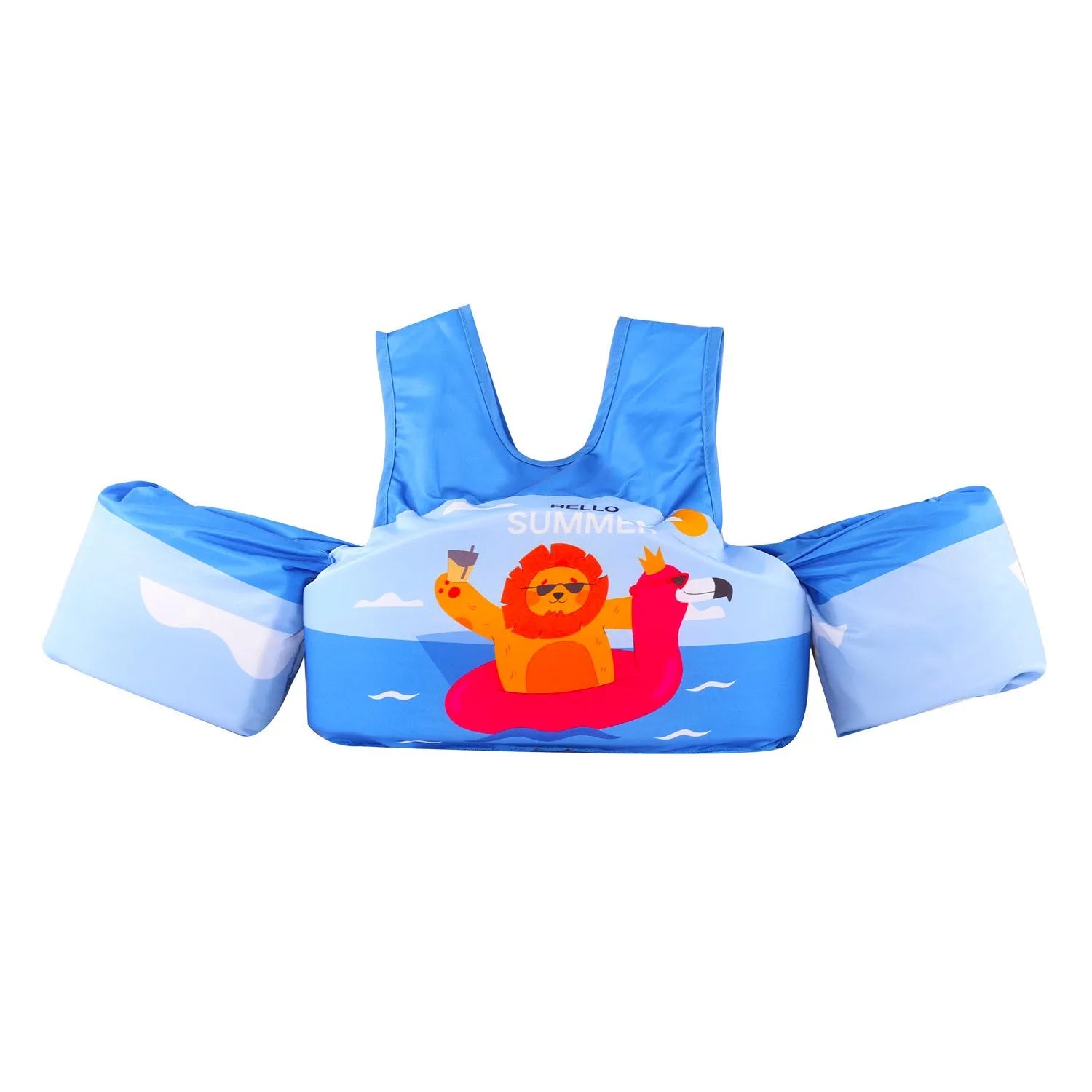 Children's swimsuit with extended arm swimming ring in colourful cartoon designs