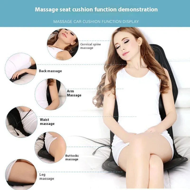 Black heating massage mat with infrared physiotherapy and variable speed control on seat cushion