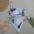 Women's marble print high-waist bikini set with U-neck top in separated swimwear design
