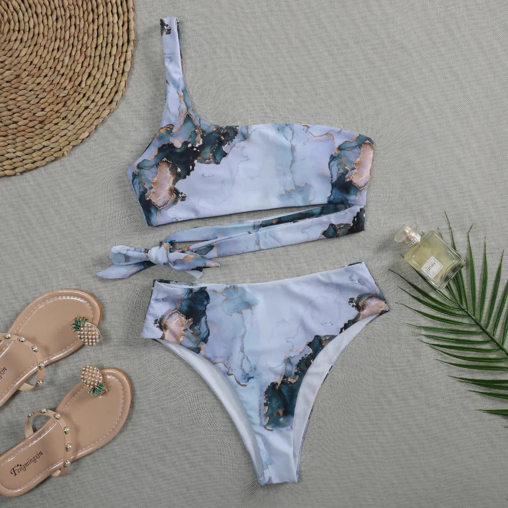 Women's marble print high-waist bikini set with U-neck top in separated swimwear design
