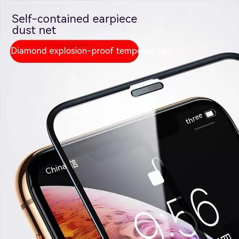 Tempered glass screen protector for iPhone on a table, showing full coverage and clarity.