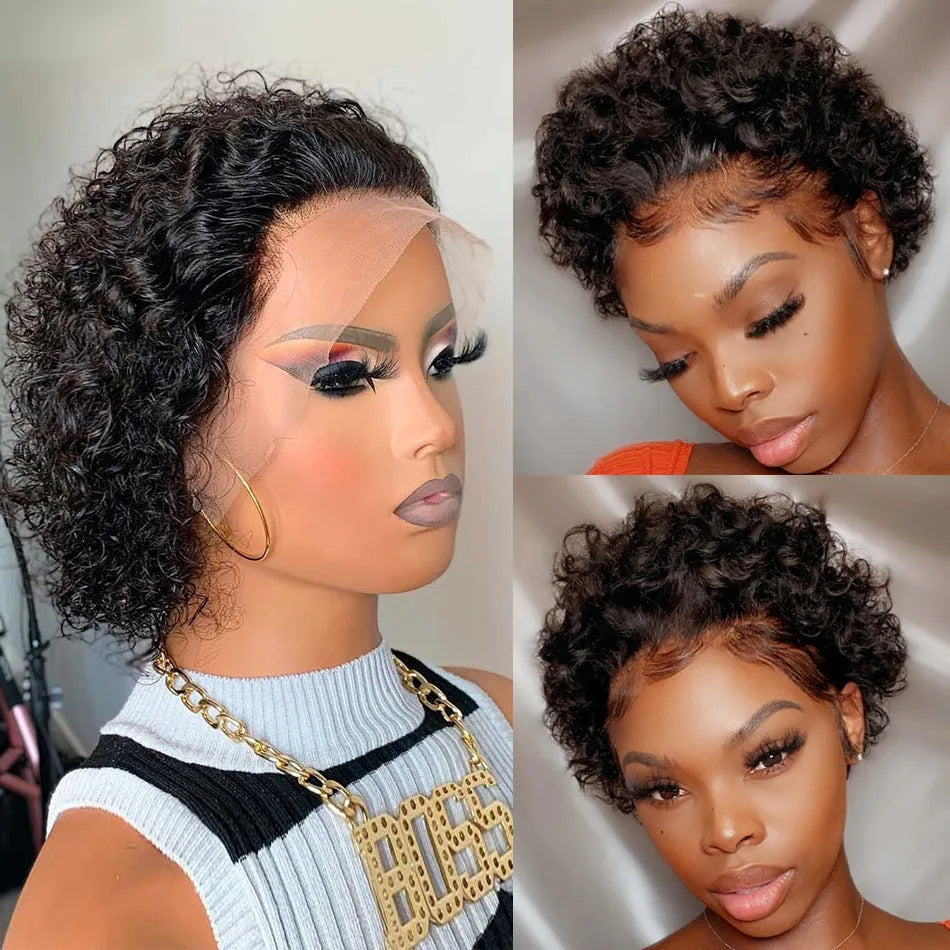Black human hair lace wig cap on a model, showing the natural colour 13x1 and pixie style.