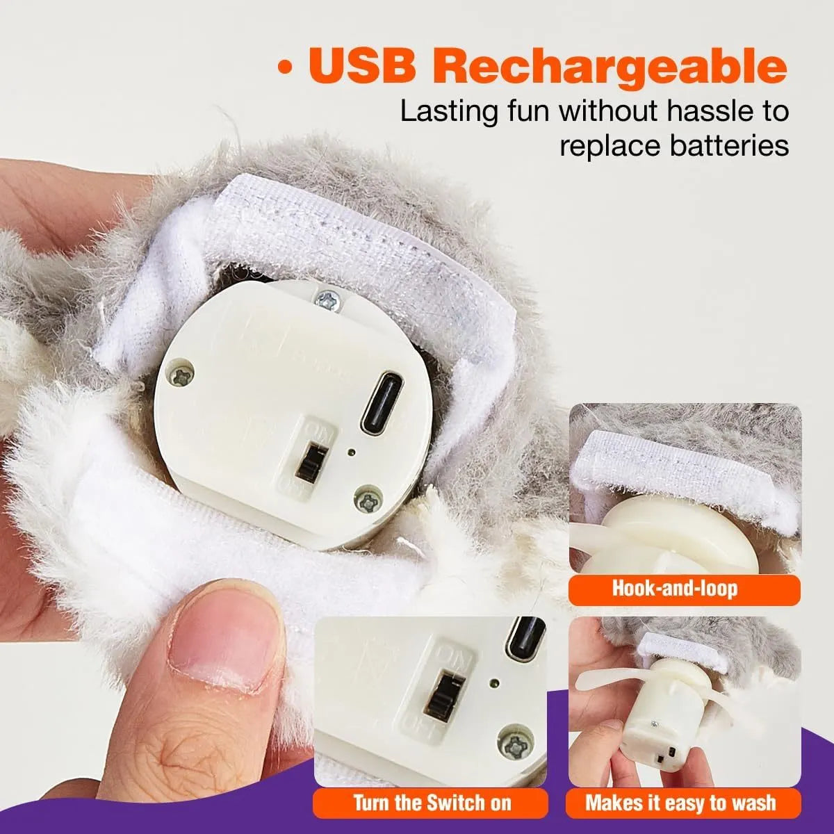 Grey rechargeable electronic owl cat toy with flapping wings on a floor.