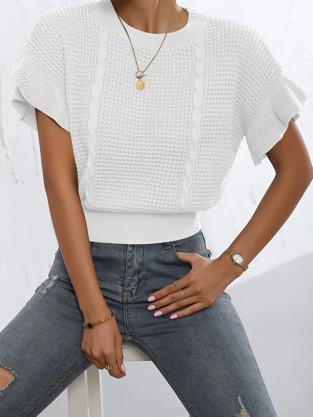 Twisted string pattern knitted pullover sweater with ruffled short sleeves in Japanese Korean casual style