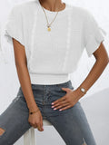 Twisted string pattern knitted pullover sweater with ruffled short sleeves in Japanese Korean casual style