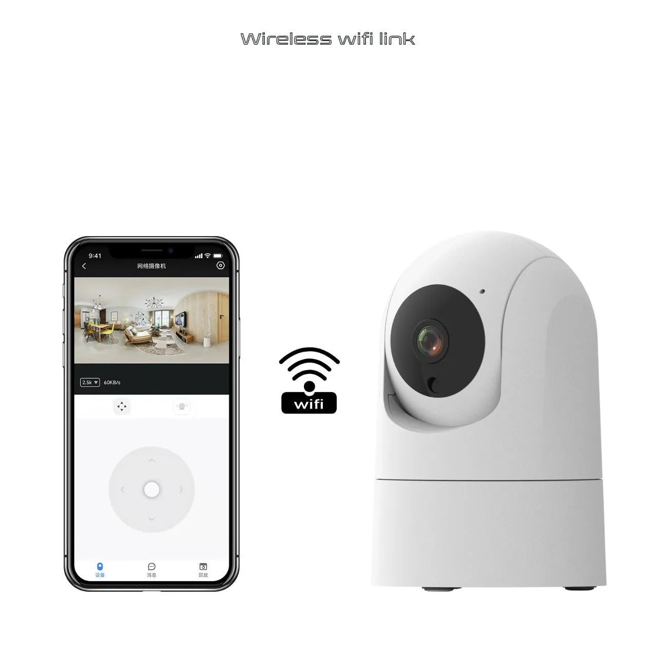 White indoor security camera with motorised base for 360° rotation on black mounting bracket