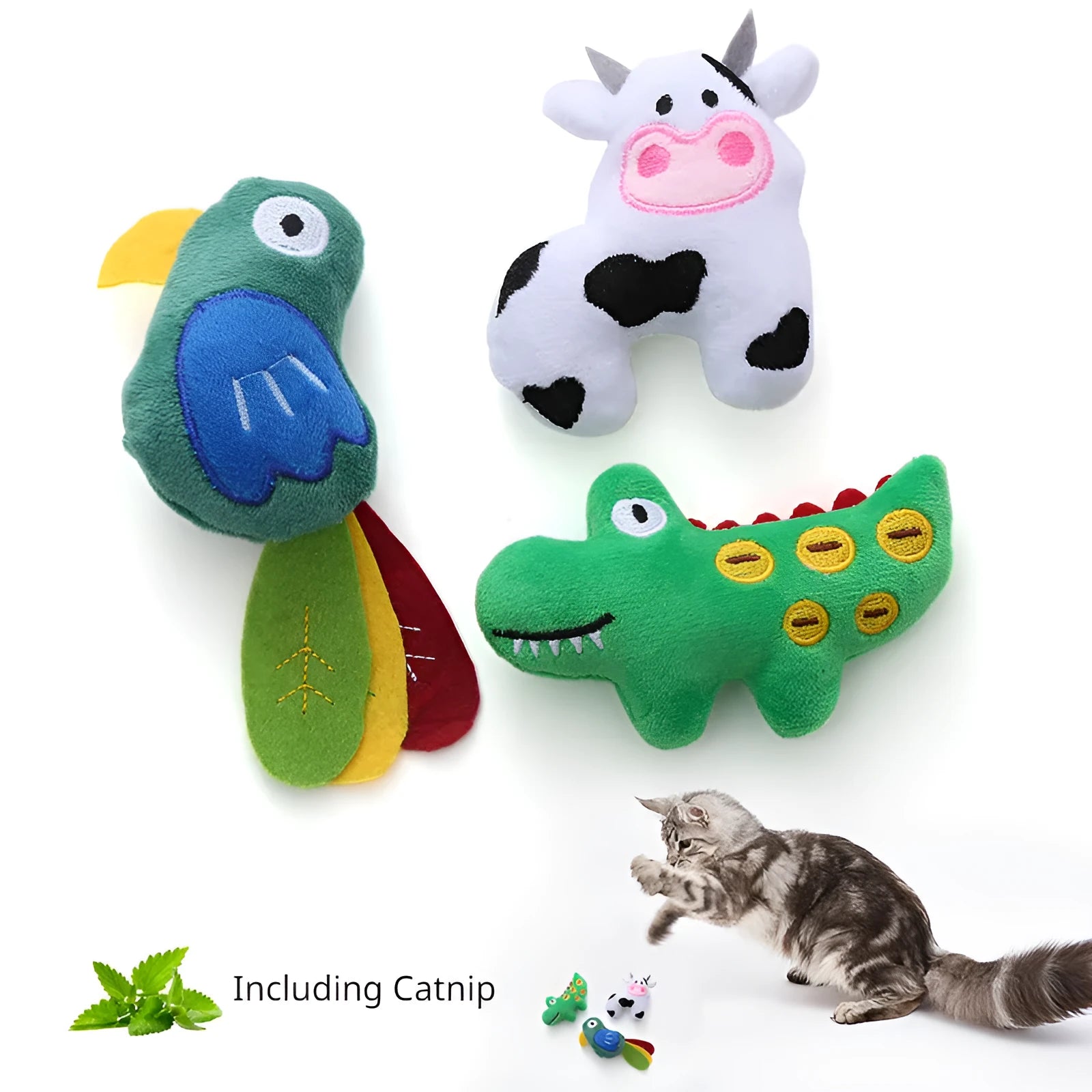 Plush green parrot-shaped cat toy with catnip, shown next to cow and crocodile versions.