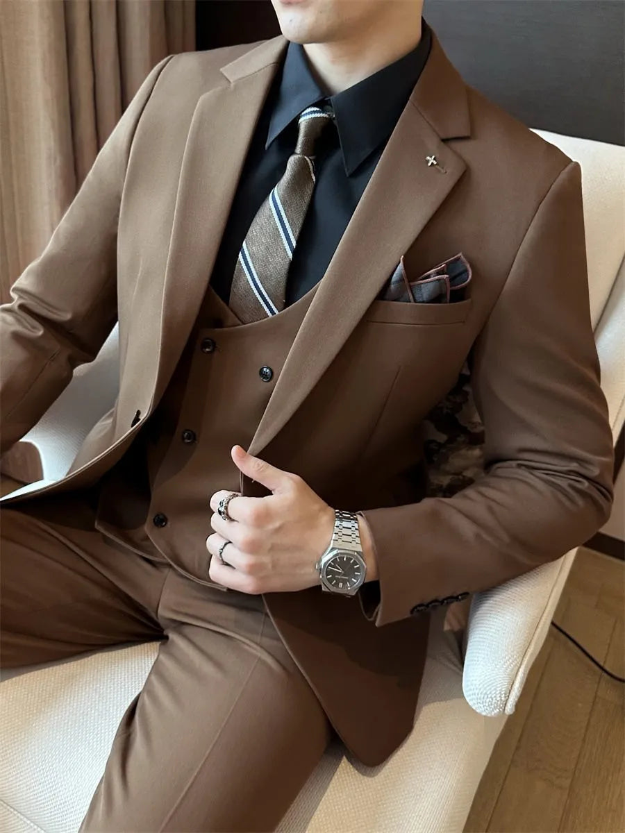 Men's slim fit business formal wear jacket in chemical fibre blended fabric available in camel, coffee, or dark green colours