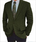 Men's brown herringbone suit jacket with long sleeves and retro business casual style
