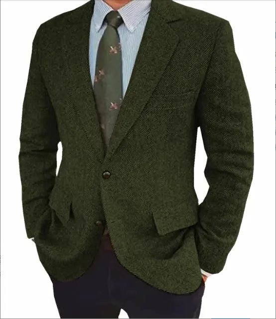 Men's brown herringbone suit jacket with long sleeves and retro business casual style