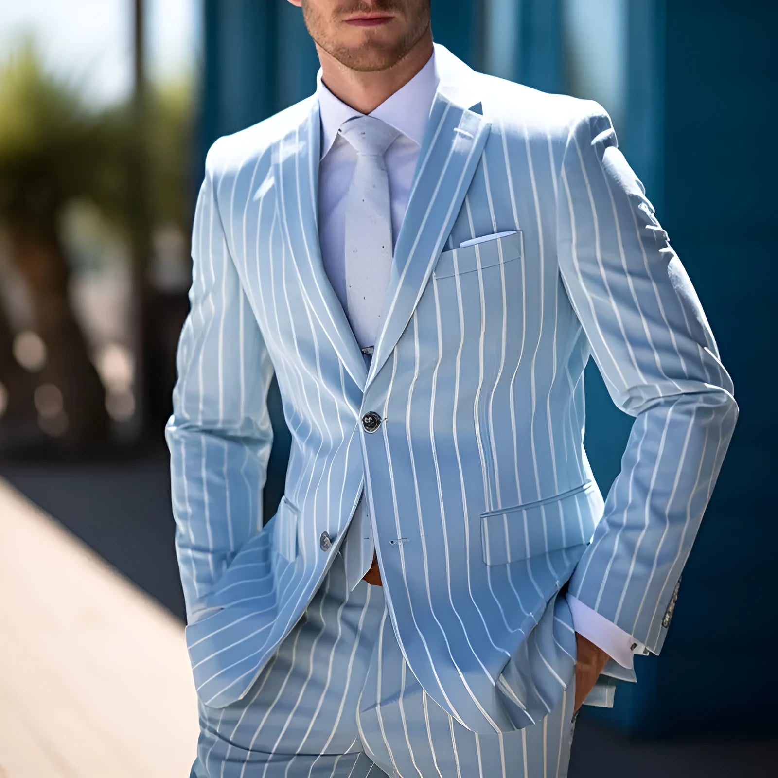 Men's blue British-style suit jacket with white buttons, straight hem, and double-button front