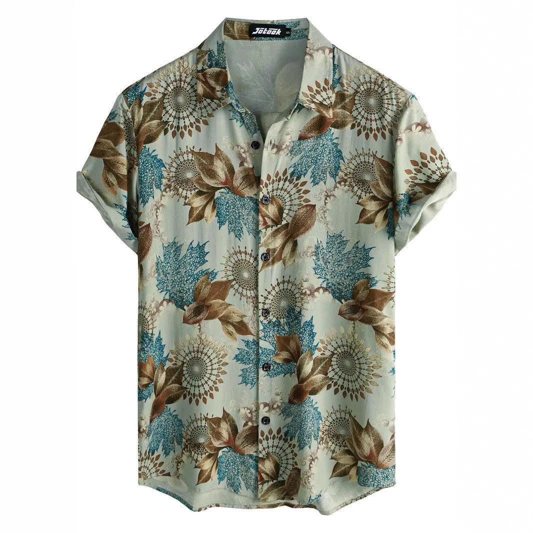 Hawaiian print short sleeve shirt with floral pattern and elastic fabric on a mannequin
