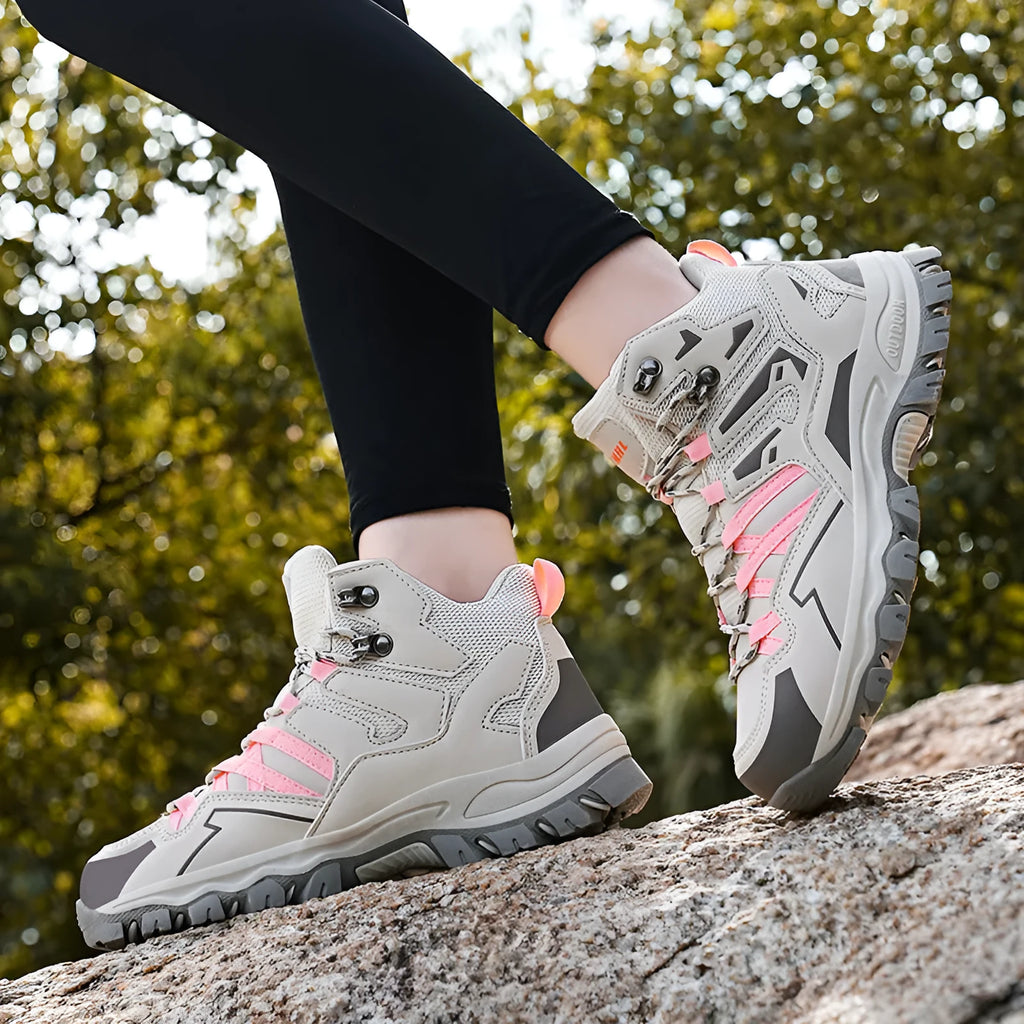 High-top outdoor hiking sneaker in multiple colours with flannel upper and lace-up front.