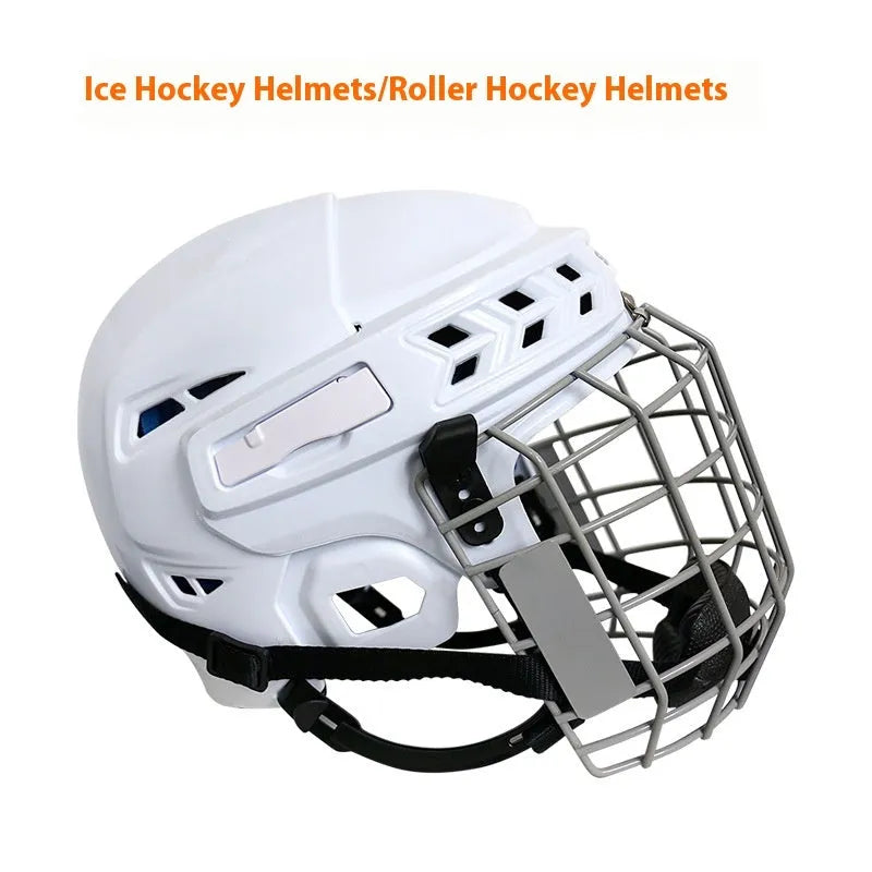 Ice hockey helmet with carbon steel face mask showing impact-resistant construction