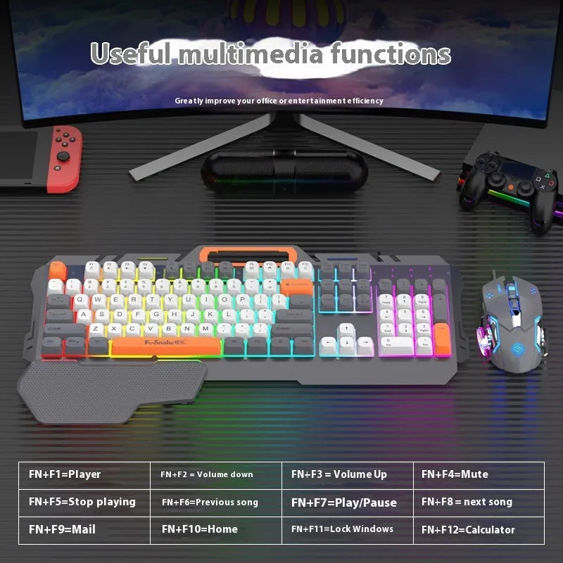 Blue wired gaming keyboard and photoelectric mouse set on a desk with backlit keys visible.