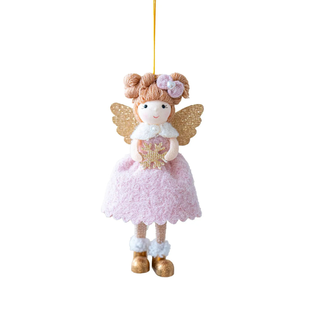 Pink and white cloth angel wings plush pendant Christmas ornament.