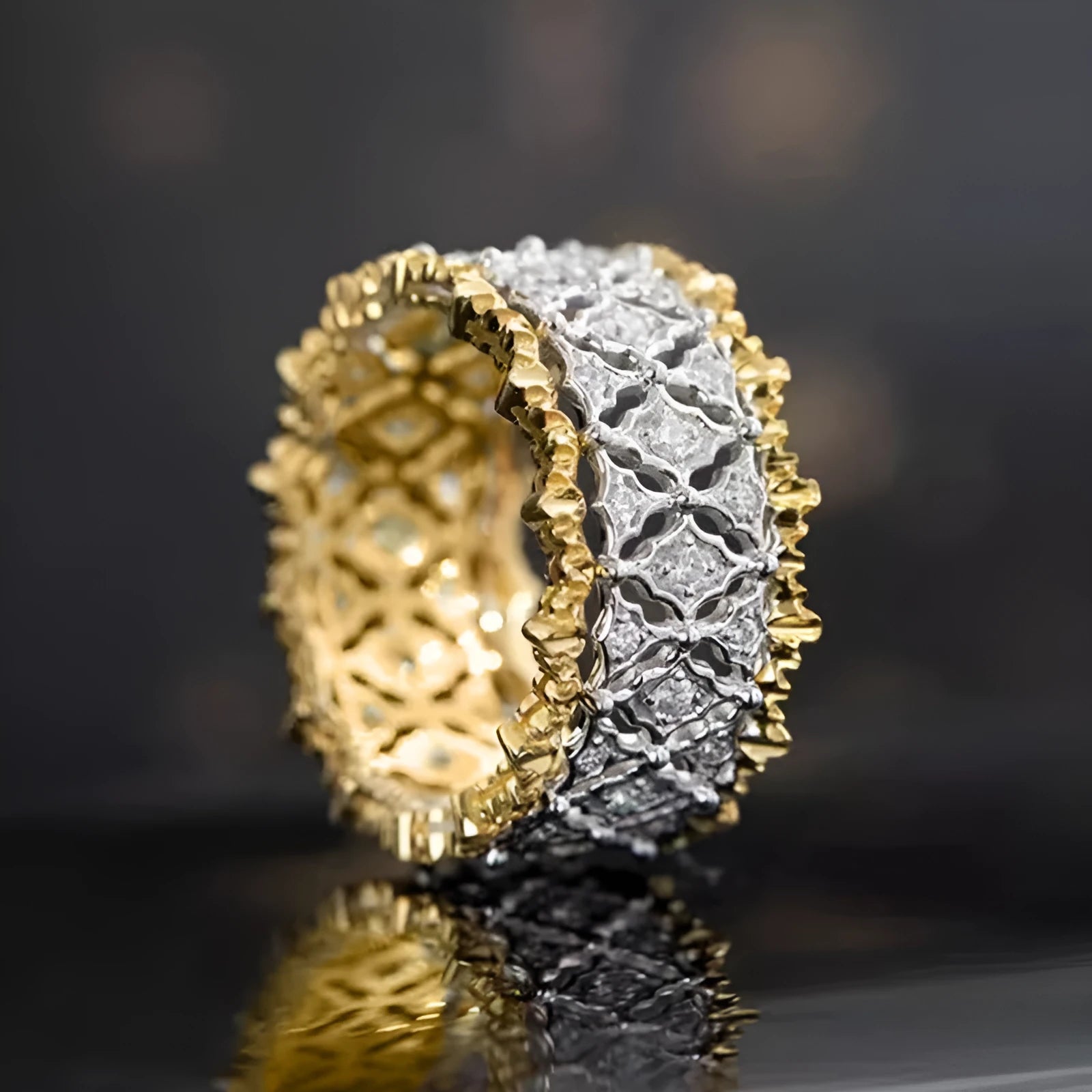 Geometric two-tone gold colour zircon copper ring showing round elements and electroplated finish