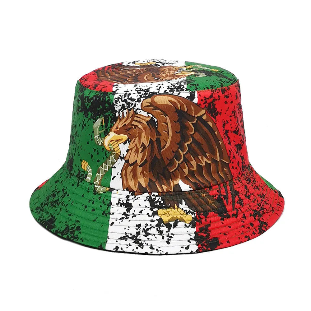 Retro-style bucket hat with eagle pattern, dome crown, in polyester fabric.