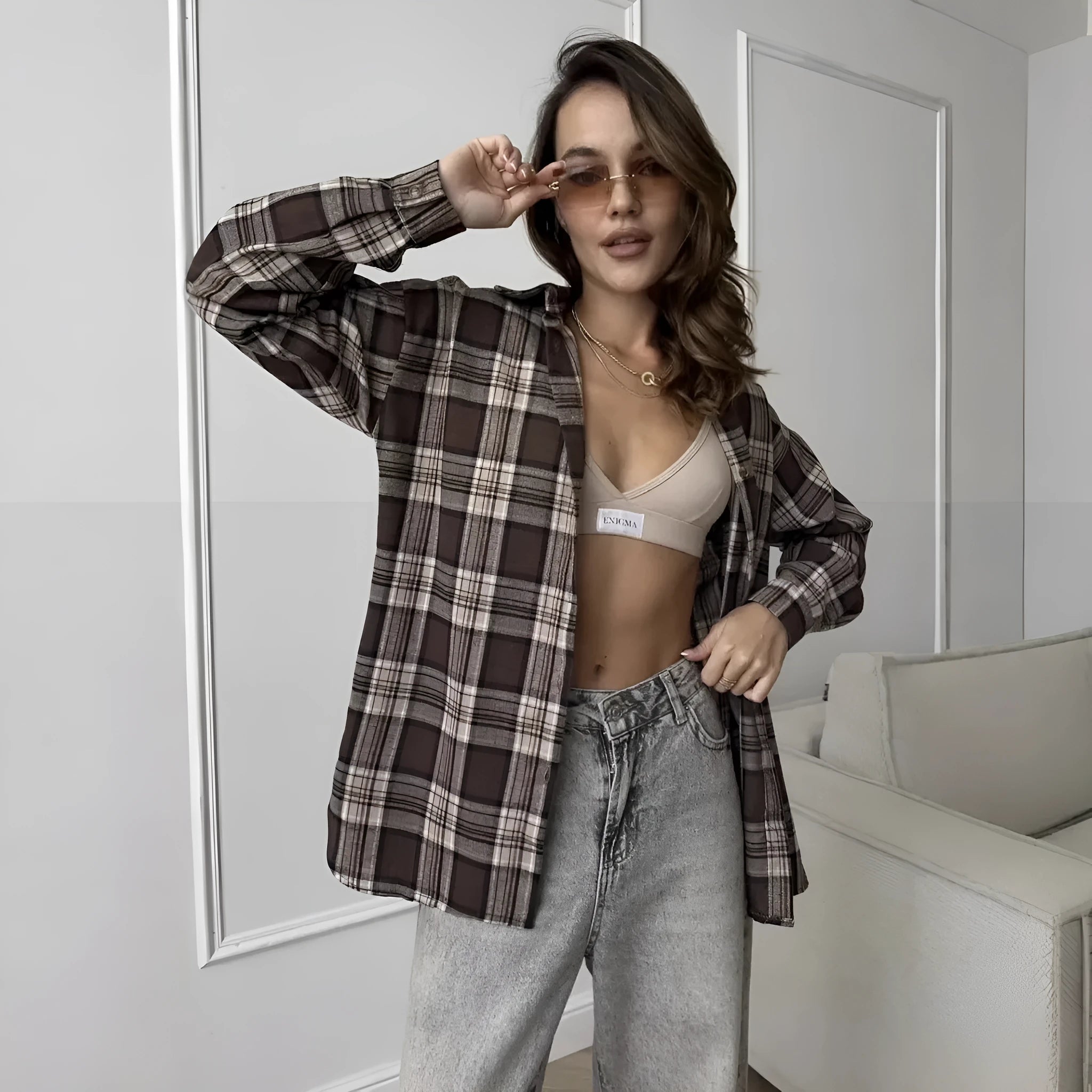 Dark brown striped women's retro style cotton shirt with long sleeves