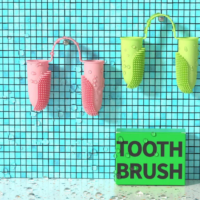 TPR pet dental finger brush in blue green, pink, or yellow for cleaning teeth and gums.