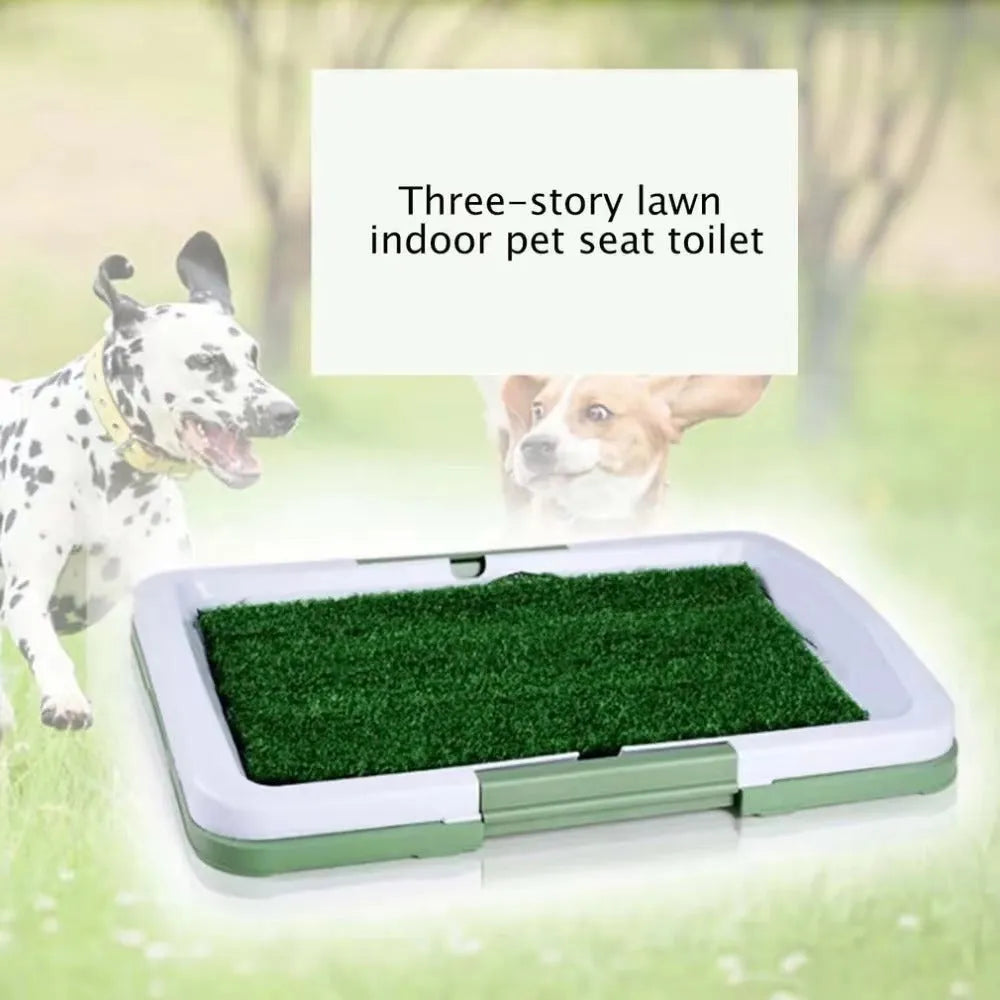 Green synthetic turf dog grass patch with three-layer tray for indoor puppy toilet training