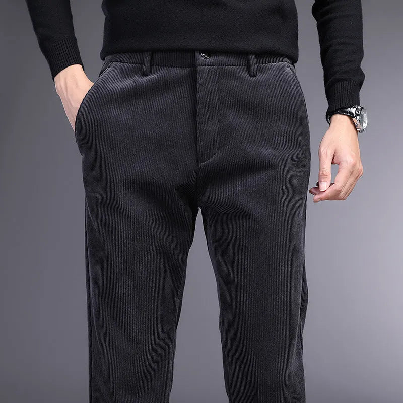 British retro striped straight leg trousers in a chemical fibre blend, shown in khaki colour.