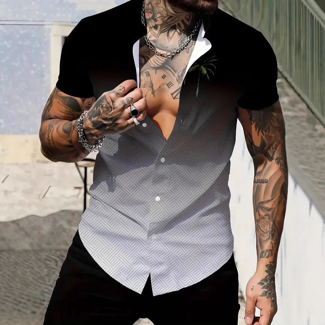 Men's geometric printed short sleeve shirt with lapel collar in slim fit for summer wear
