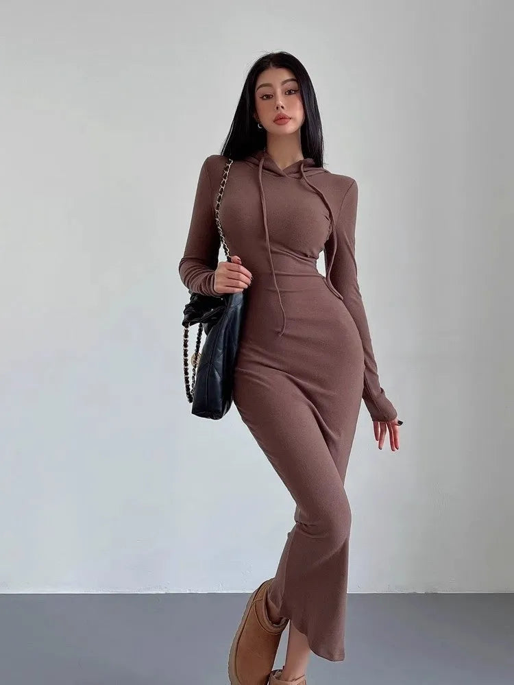 Women's grey hooded sheath dress with long sleeves and high waist