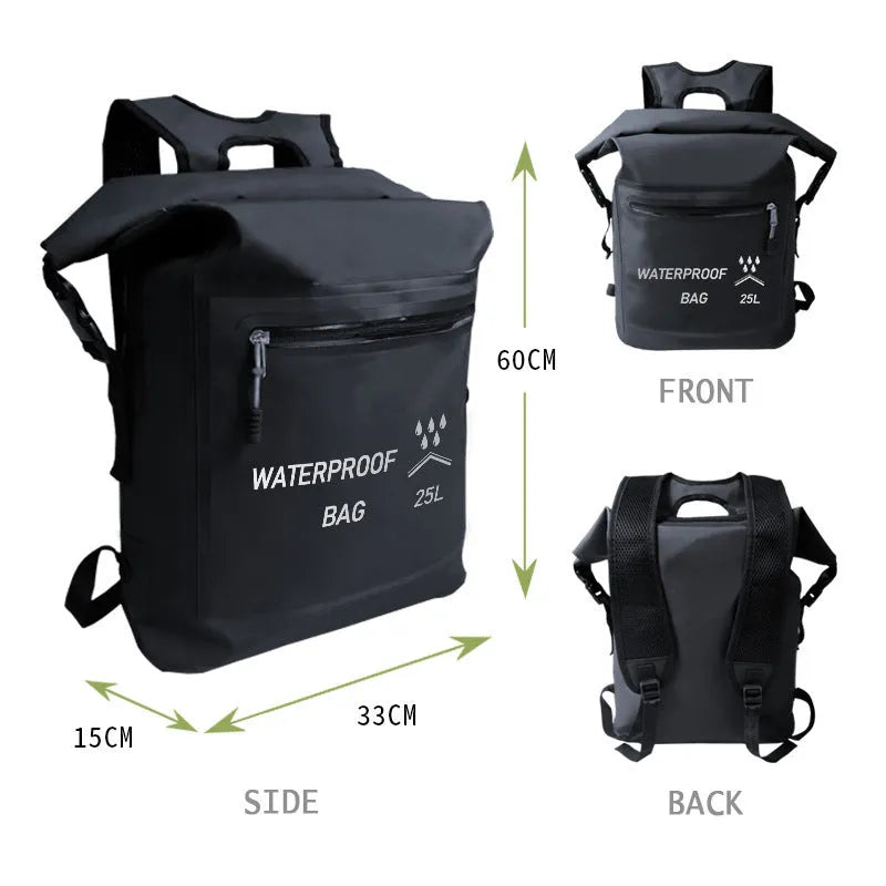 Black waterproof backpack dry bag with 25 litre capacity for water sports
