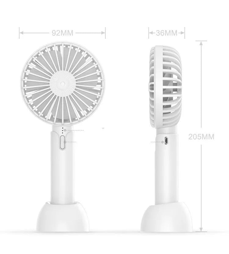 Blue handheld USB mini fan with three-speed buttons and oscillation function on a desk.