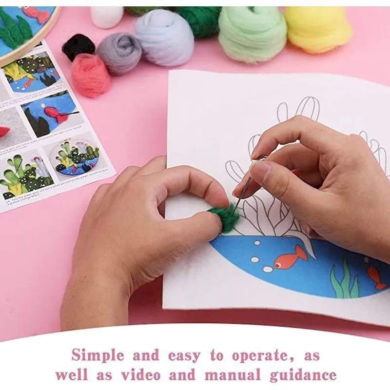 Wool felt embroidery kit with linen fabric, embroidery frame, and floral pattern for three-dimensional blanket painting