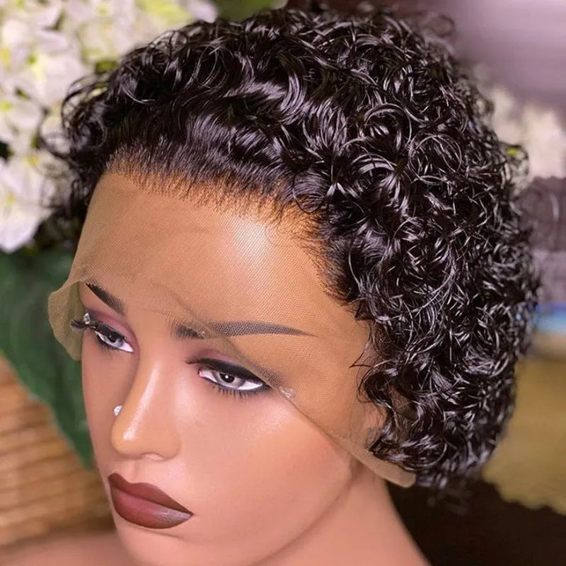 Black human hair lace wig cap on a model, showing the natural colour 13x1 and pixie style.