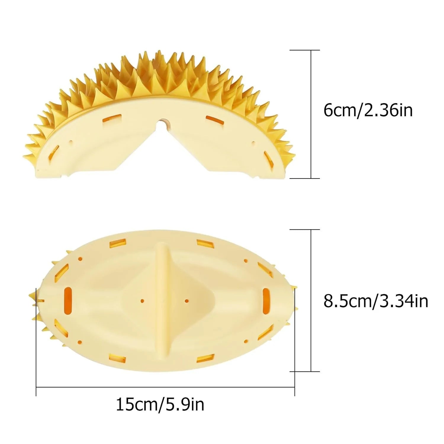 Yellow durian-shaped cat corner scratcher and massage comb with cat mint powder on a wall corner.