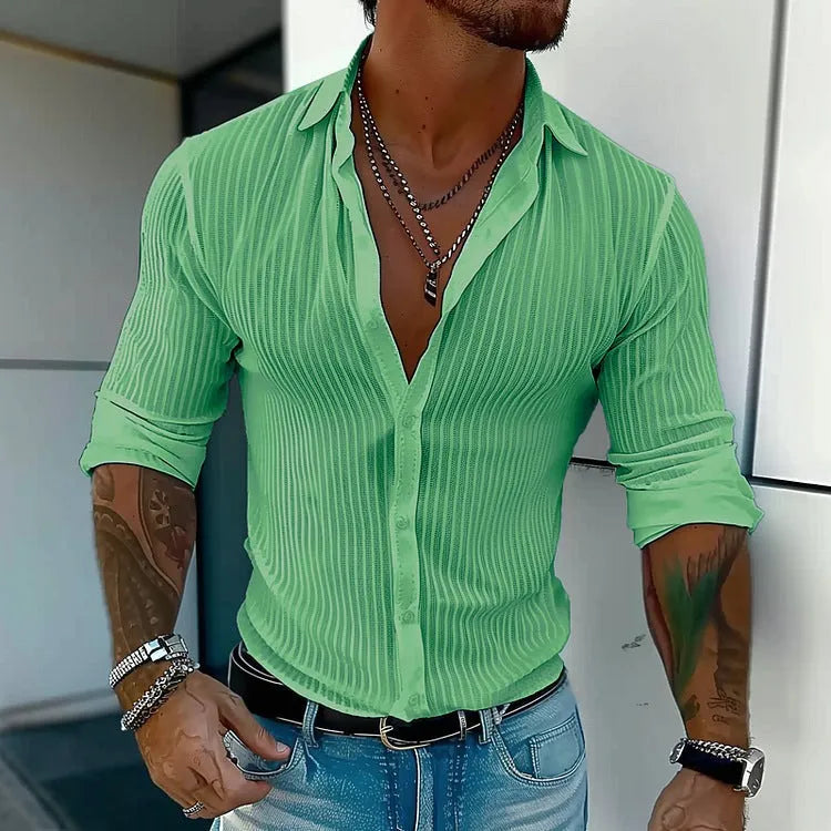 Men's striped British style cardigan shirt with 3D pattern and long sleeves
