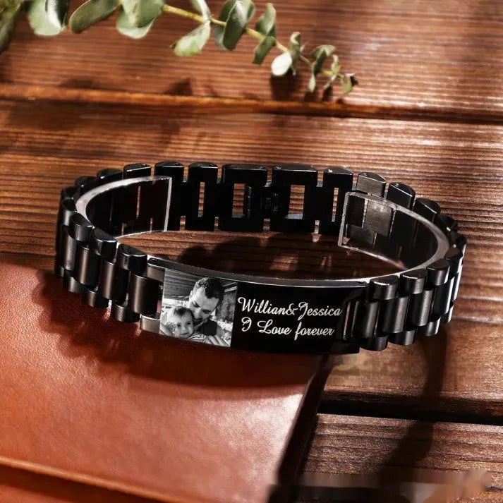 Stainless steel lettering bracelet with titanium steel heart-shaped curved piece in black or grey electroplated finish
