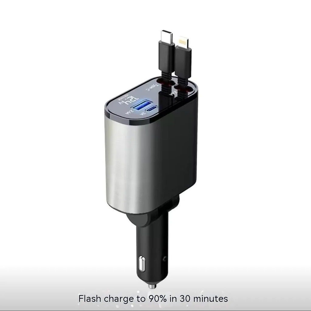 120W universal car fast charger with cigarette lighter plug and USB ports for Apple and Huawei phones.