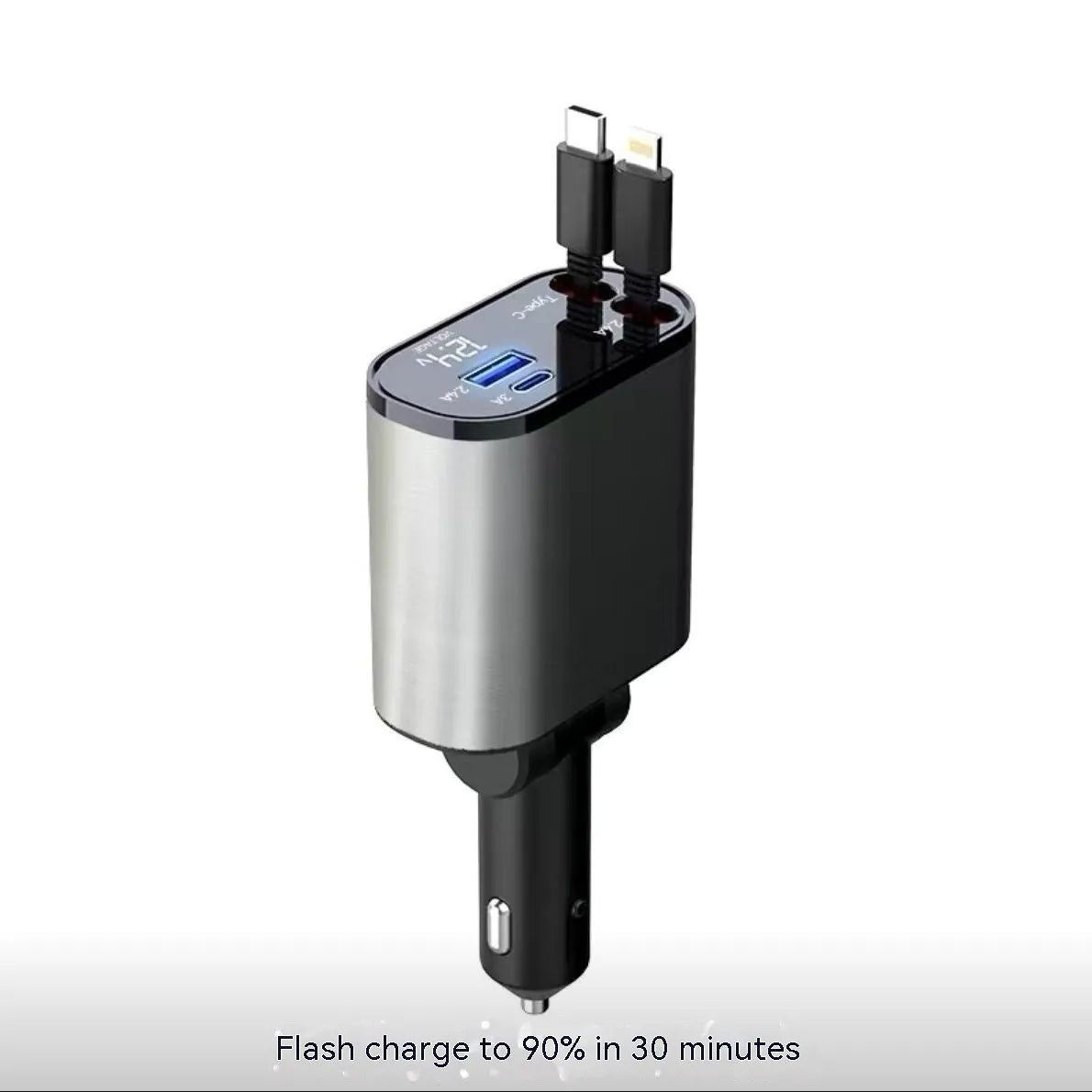 120W universal car fast charger with cigarette lighter plug and USB ports for Apple and Huawei phones.