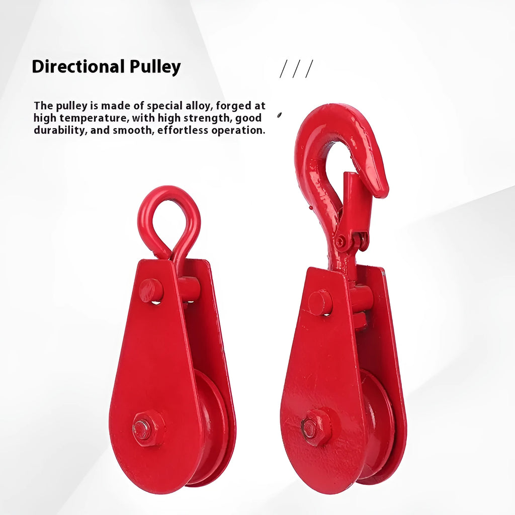Red industrial lifting pulley with forged steel hook and safety latch for general material handling