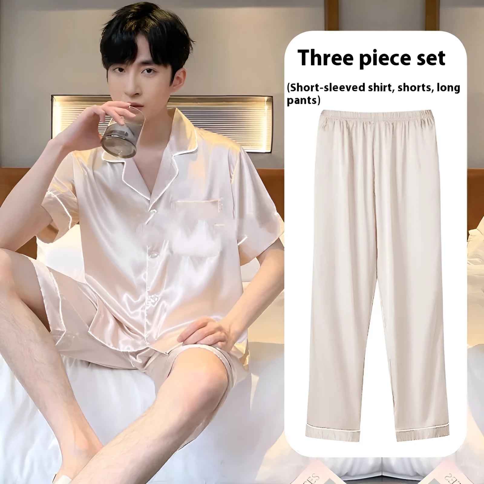 Men's ice silk three-piece homewear set showing top, shorts, and trousers in a selected colour.