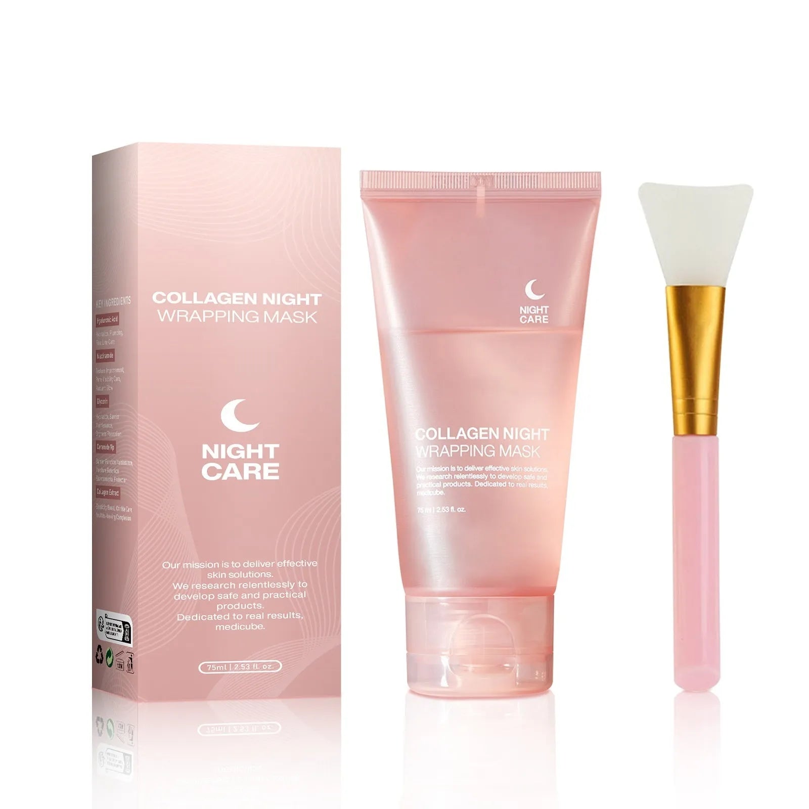 75ml bottle of collagen night face mask with application brush for even spreading.
